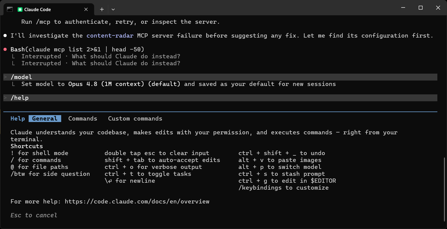 Imagen 4: Salida en vivo de /help dentro de una sesión de Claude Code que muestra la referencia completa de comandos slash —/model, /context, /agents, /clear, /compact, /doctor, /insights, /terminal-setup, /skill, /effort y más— a una pulsación