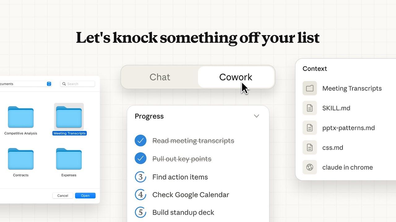 Imagen 1: Interfaz de Claude Cowork mostrando la pestaña del modo agéntico en Claude Desktop, con una descripción de objetivo y una lista de tareas planificadas, tomada de la página oficial del producto Cowork de Anthropic.