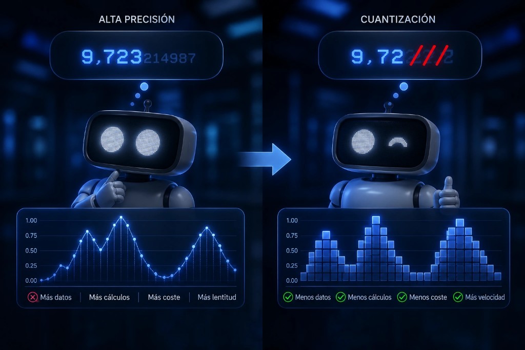 Comparación visual entre alta precisión (más datos, más cálculos, más coste, más lentitud) y cuantización (menos datos, menos cálculos, menos coste, más velocidad)