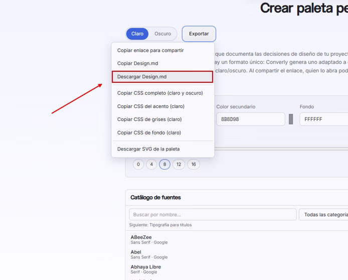 Menú Exportar de Converly Colors con la opción Descargar Design.md resaltada, junto a copiar enlace, CSS por escala y SVG de la paleta
