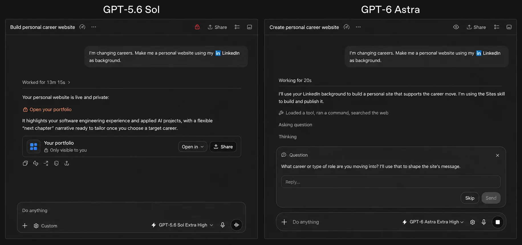 Comparación lado a lado de GPT-5.6 Sol y GPT-6 Astra creando una web de carrera profesional