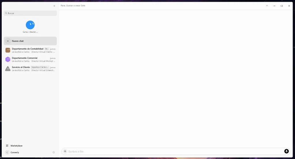 Interfaz de Grok Bot: barra Para Buscar o crear Bots, lista de compañeros y Marketplace abajo a la izquierda