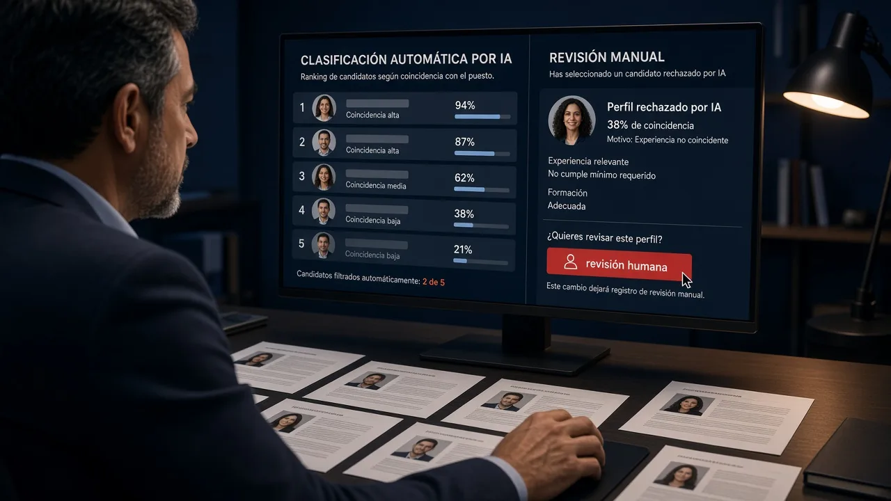 Una responsable de selección reabre un CV que el ranking automático había dejado en gris y pulsa revisión humana