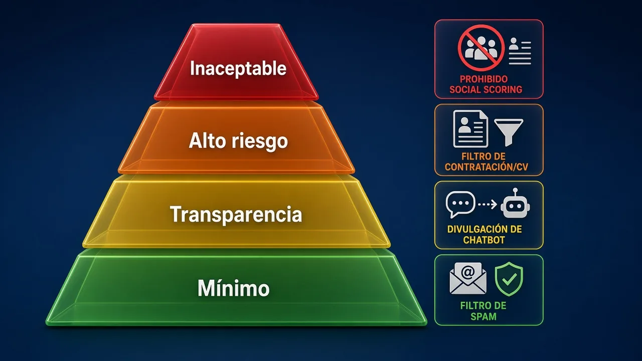 Pirámide de riesgo del Reglamento de IA: inaceptable, alto riesgo, transparencia y riesgo mínimo
