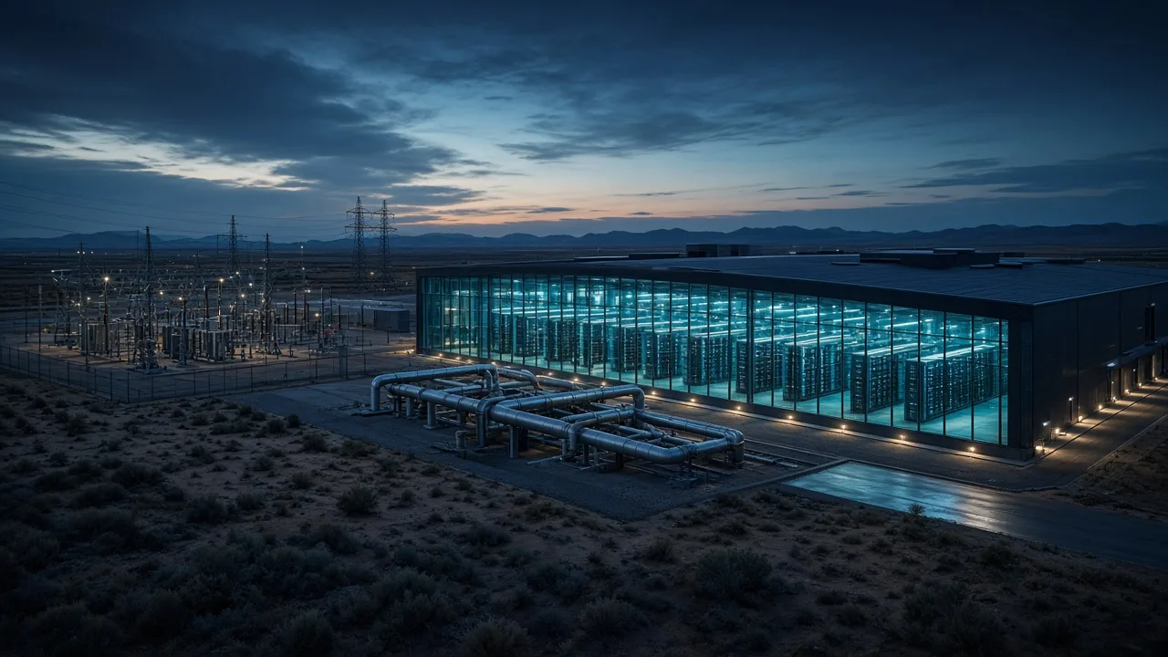 Campus de centros de datos al anochecer: naves, refrigeración y subestación, presión local sobre red y agua