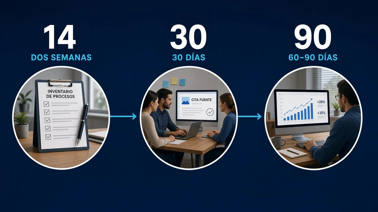Línea de tiempo de implantación: 14 días de inventario, 30 días de piloto con fuentes y 90 días de integración en el flujo diario