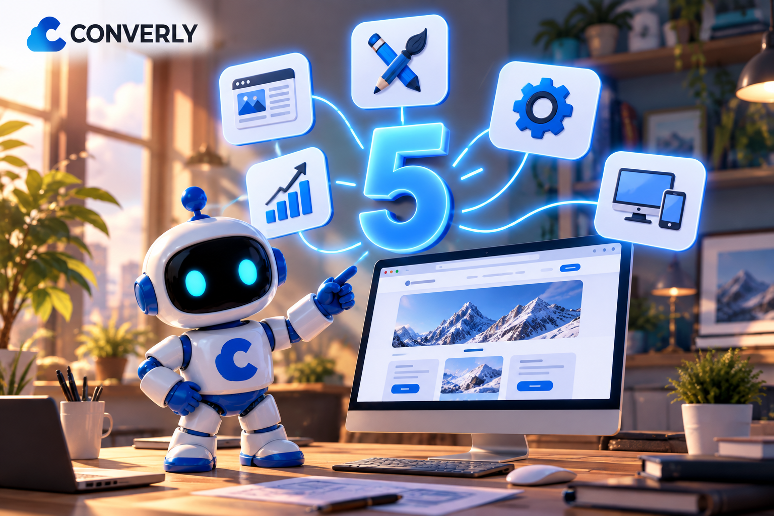 Cinco razones de diseño web a medida: robot de Converly junto a un 5 y una web en el monitor