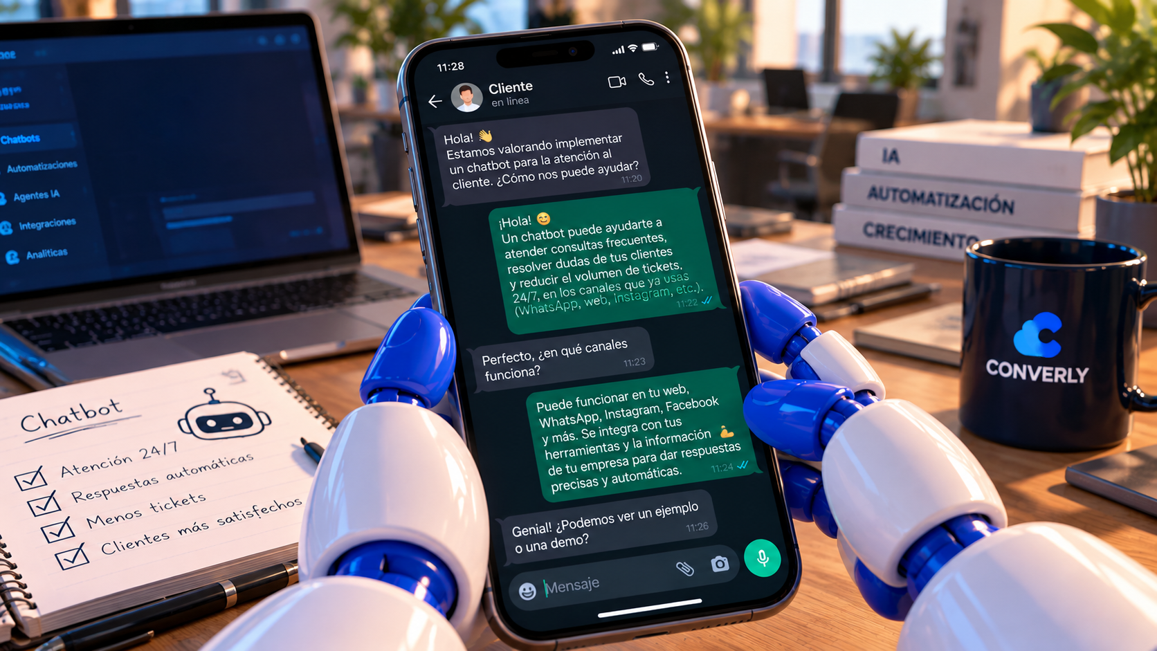 Chatbot de Converly en el móvil: atención al cliente por WhatsApp, web y otros canales