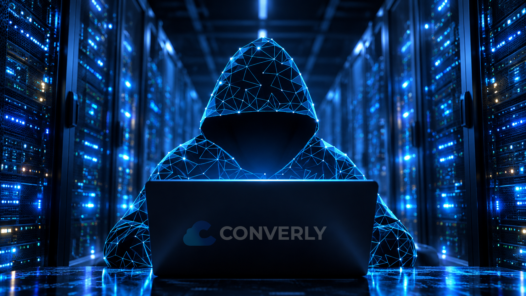 Auditoría de ciberseguridad: figura con capucha de red en un pasillo de servidores y portátil Converly