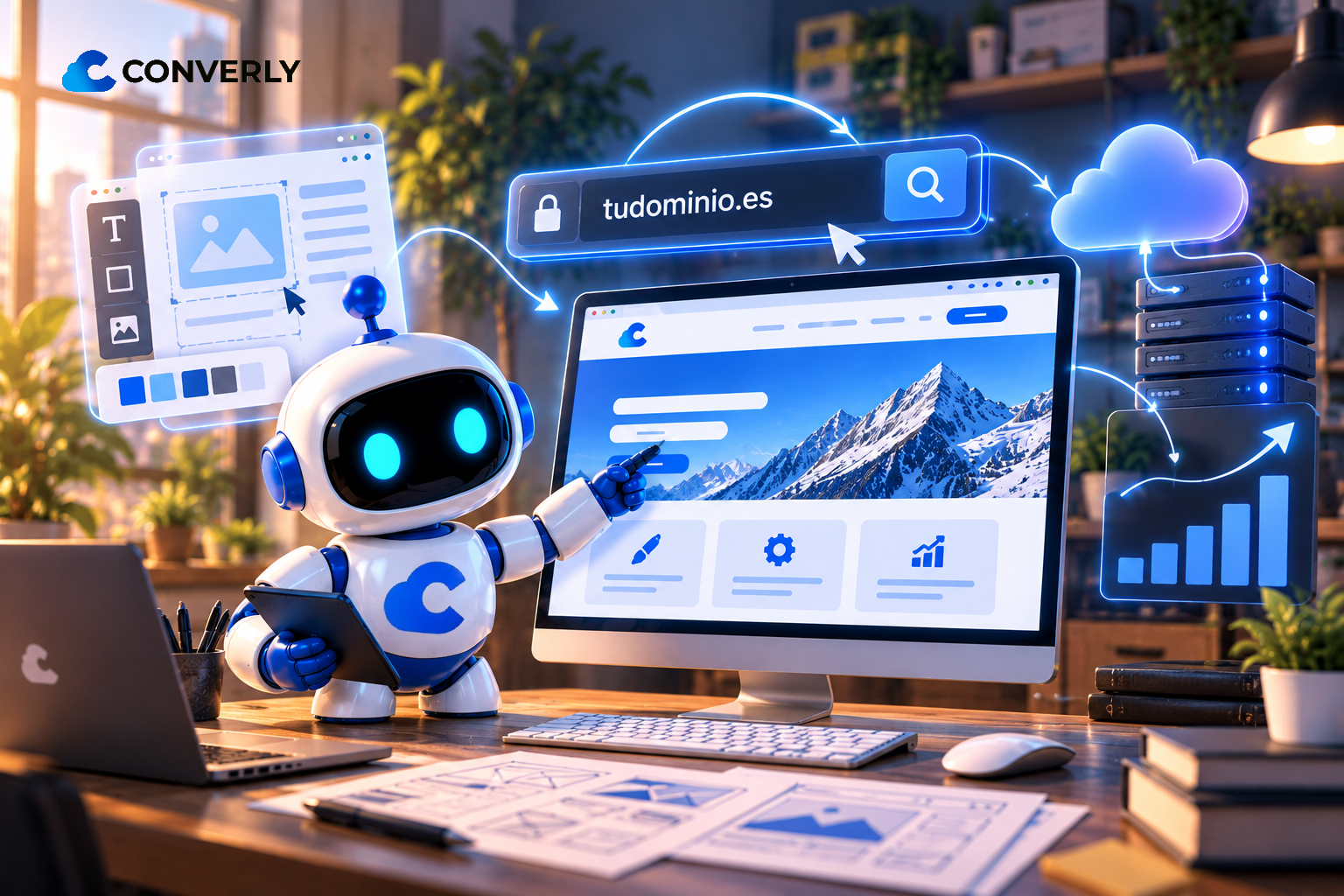 Diseño web a medida: robot de Converly junto a una web, el dominio tudominio.es y el hosting