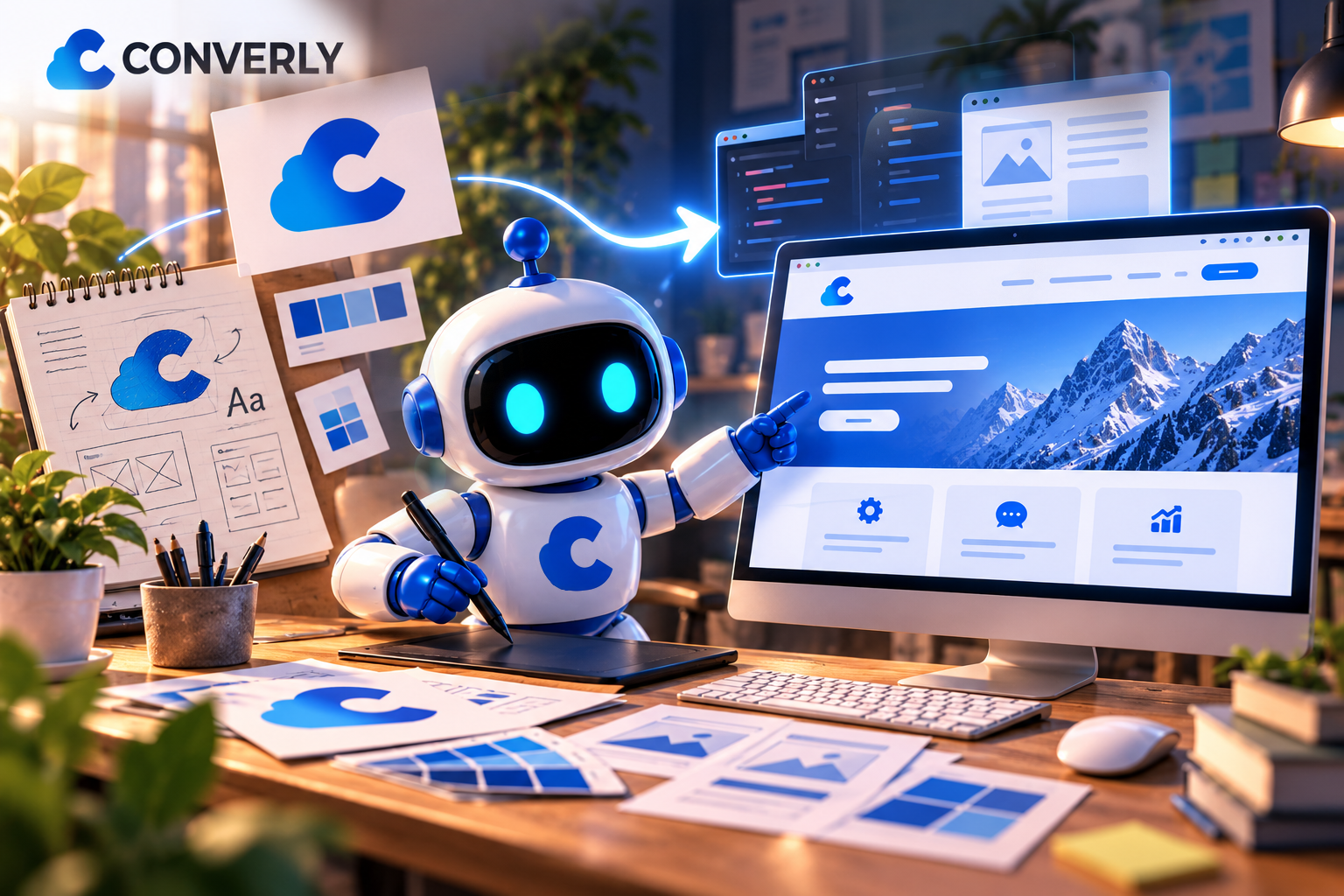 Diseño web personalizado: robot de Converly pasa de la marca C a una web en el monitor