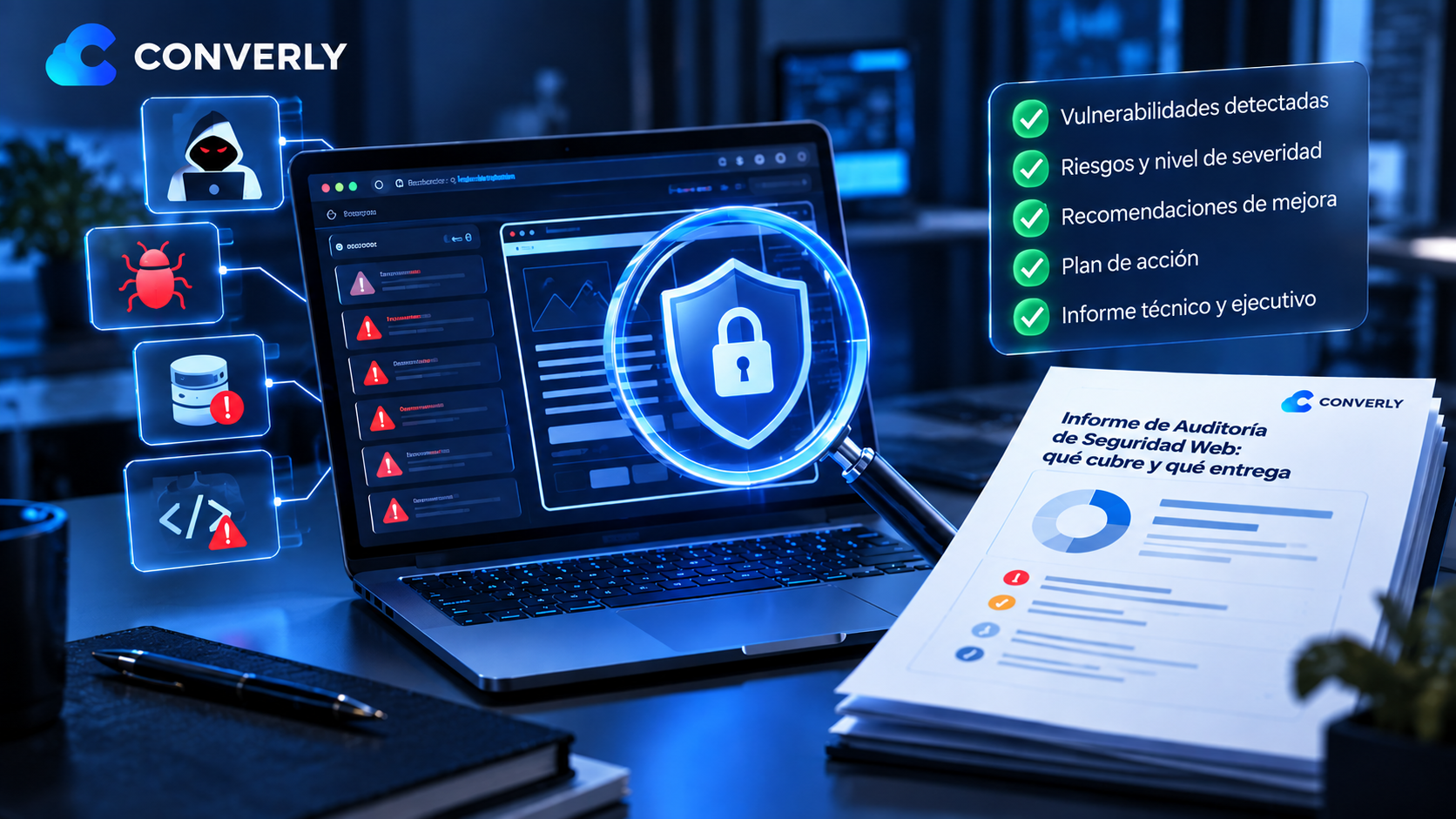 Informe de auditoría de seguridad web de Converly: vulnerabilidades, riesgos, plan de acción e informe técnico