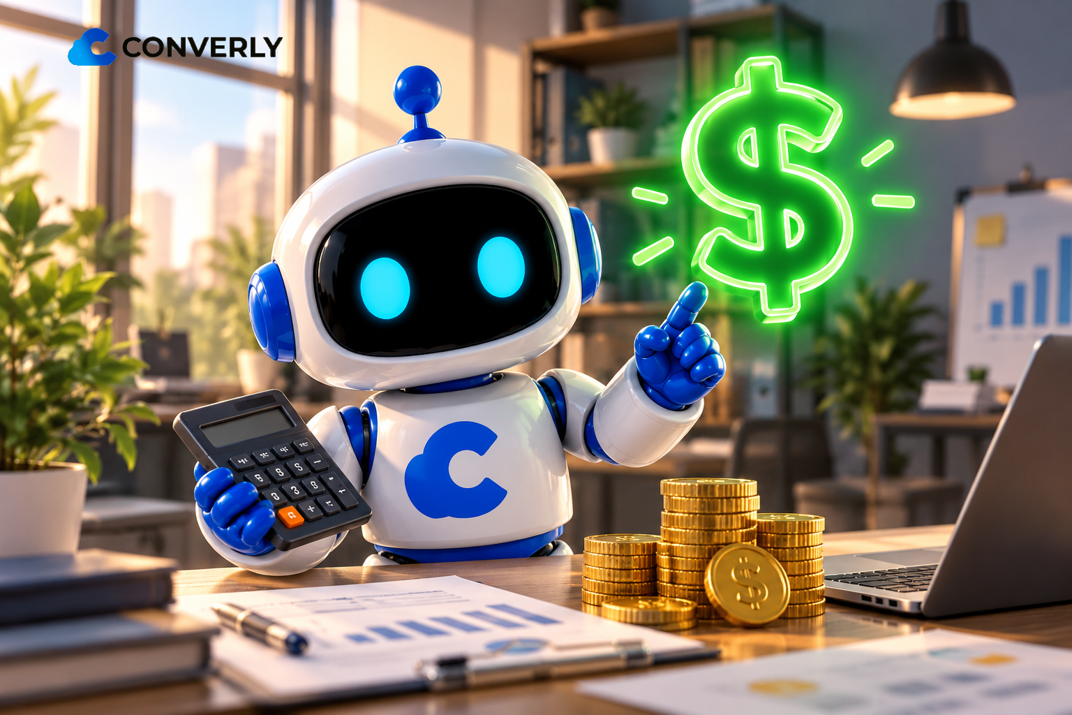 Carátula Precios del agente de voz IA: robot con calculadora, monedas y símbolo de dólar