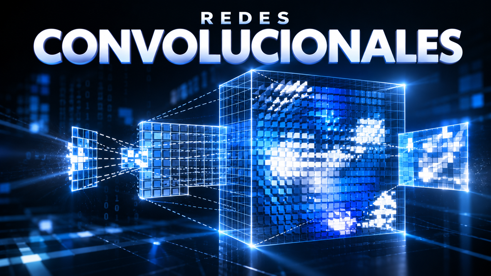 Portada Redes convolucionales: cubo de mapas de características en azul y filtros conectados sobre fondo oscuro